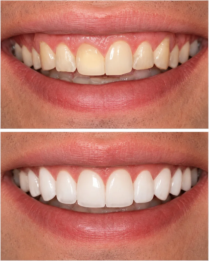 Before and after: uneven, discoloured upper front teeth, restored to an even white smile