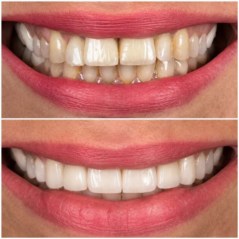 Before and after: yellowed and unevenly shaded teeth, restored to a uniform white