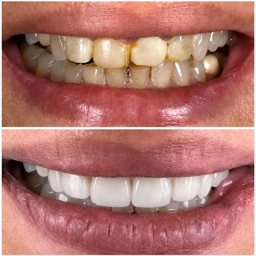 Before and after: staining, worn edges and an old gold crown, replaced with a full set of matched crowns