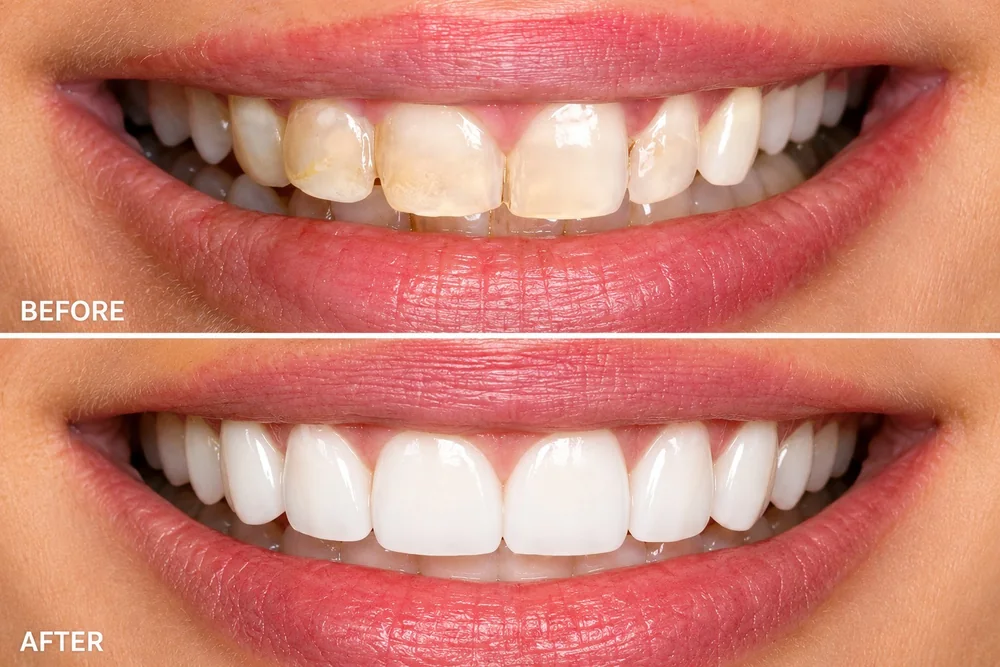 Before and after: white spot marks and worn front teeth, restored to an even, bright smile