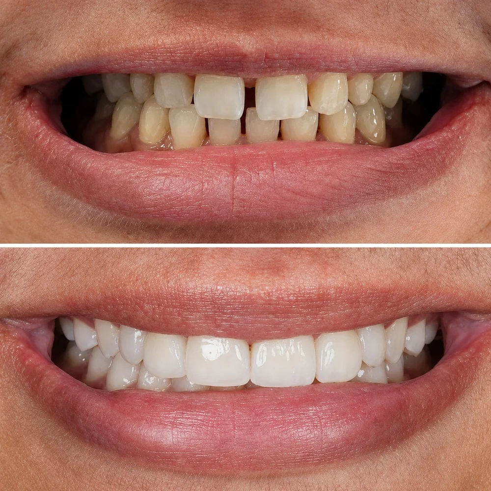 Before and after: crowded, chipped and gapped teeth, aligned and restored